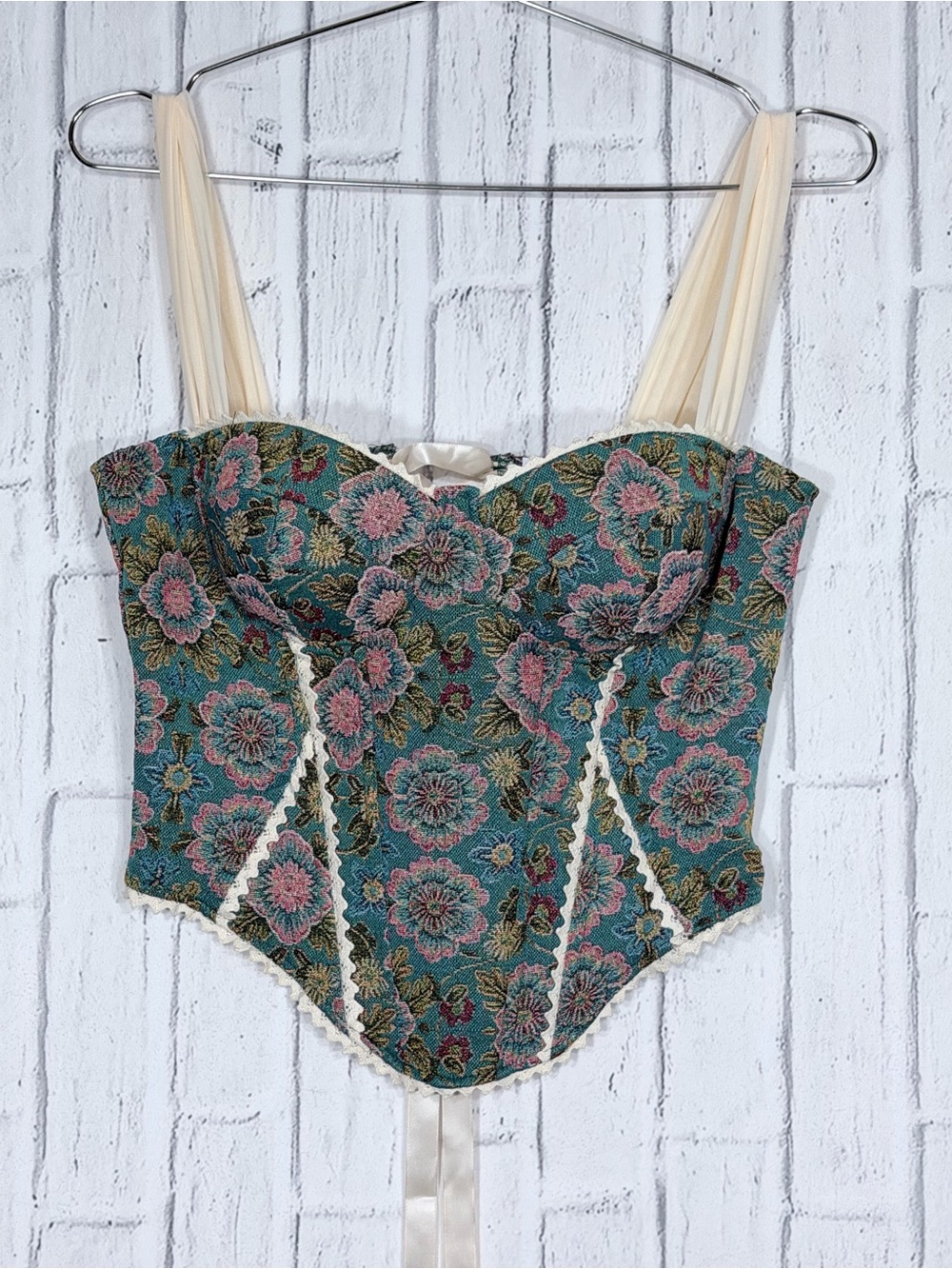 🌸 Top Chic Floral Tapestry Corset Bustier Lace Up Cottagecore Top L